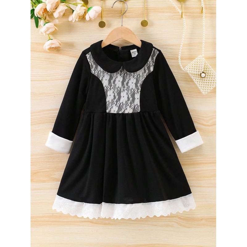 Young Girl Contrast Lace Peter Pan Collar Smock Dress