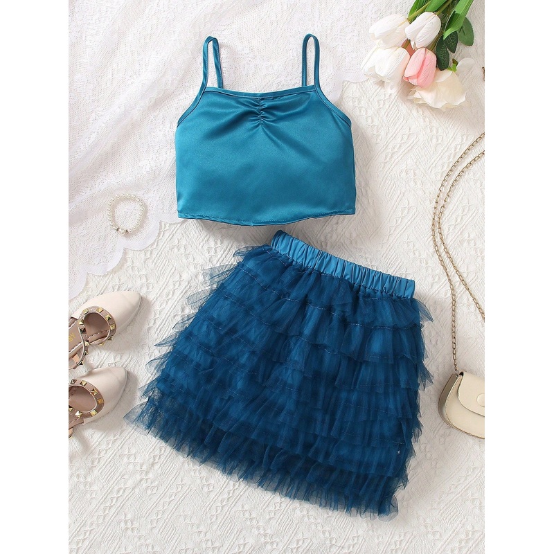 Young Girl’ New Year Party Ruched Drawstring Waist Blue Satin & Tulle Layered Slip Spaghetti Strap Dress