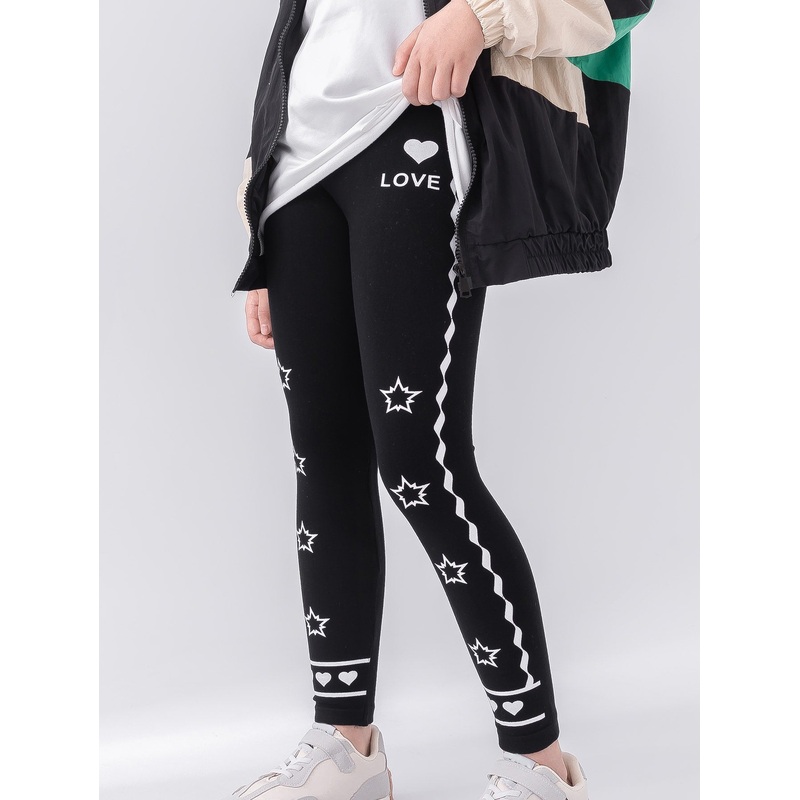 1pair Girls’ Sporty Heart & Star Pattern Printed Capri Leggings, Suitable For All Seasons & Daily Wear