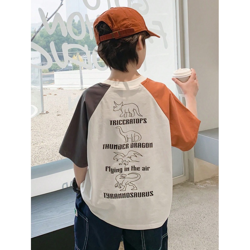 zosee Summer Young Boy Color Blocking Dinosaur & Letter Print Short Sleeve T-Shirt With Front Pocket