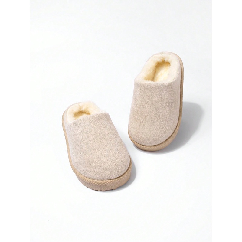 1 Pair Girls Beige Flat Fashionable Simple Comfortable Thermal Lined Warm Casual Slippers