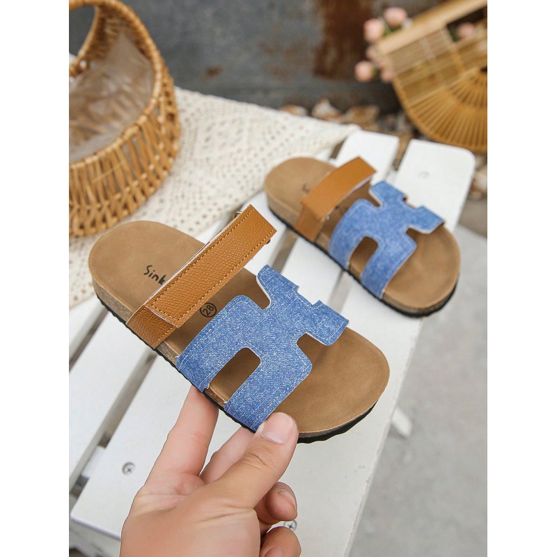 1 Pair Children Denim Print PU Material Adjustable Strap Slides