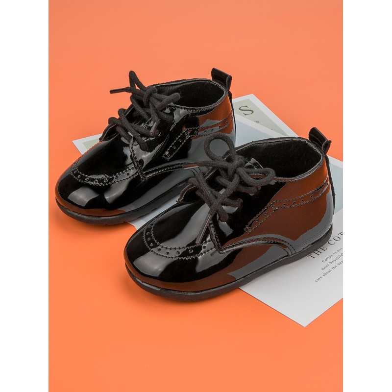 1pair Shiny Lace-Up Design Flat Casual Boots For Baby Boy