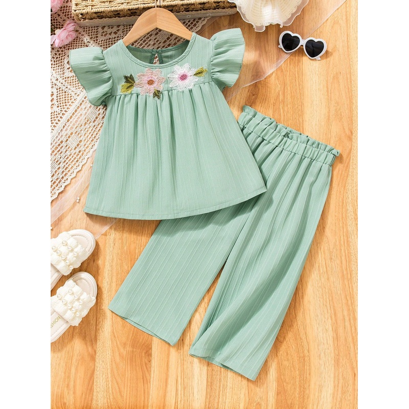 Young Girl Floral Embroidery Top With Ruffle Sleeves & High Waist Wide Leg Pants Set, Fresh Green Color,