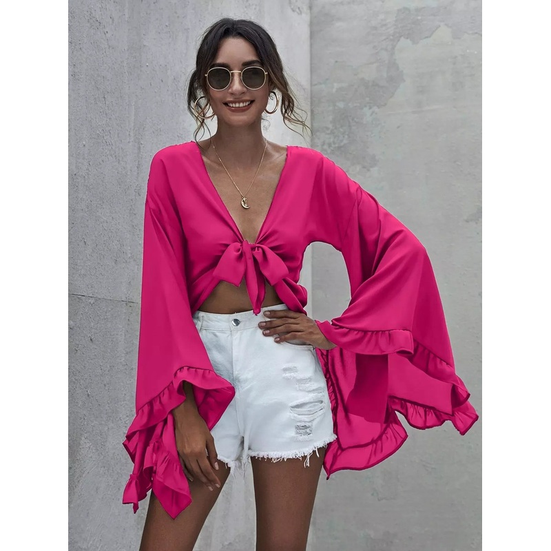 Ruffle Trim Flounce Sleeve Tie Front Crop Top