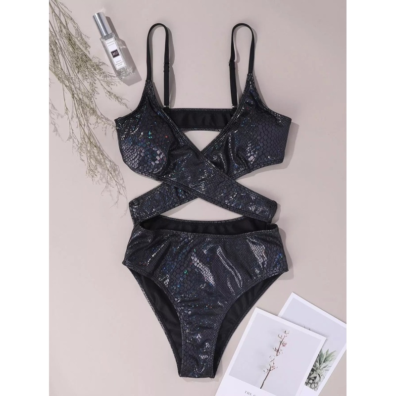 Snakeskin Metallic Cross Front One Piece Swimsuit