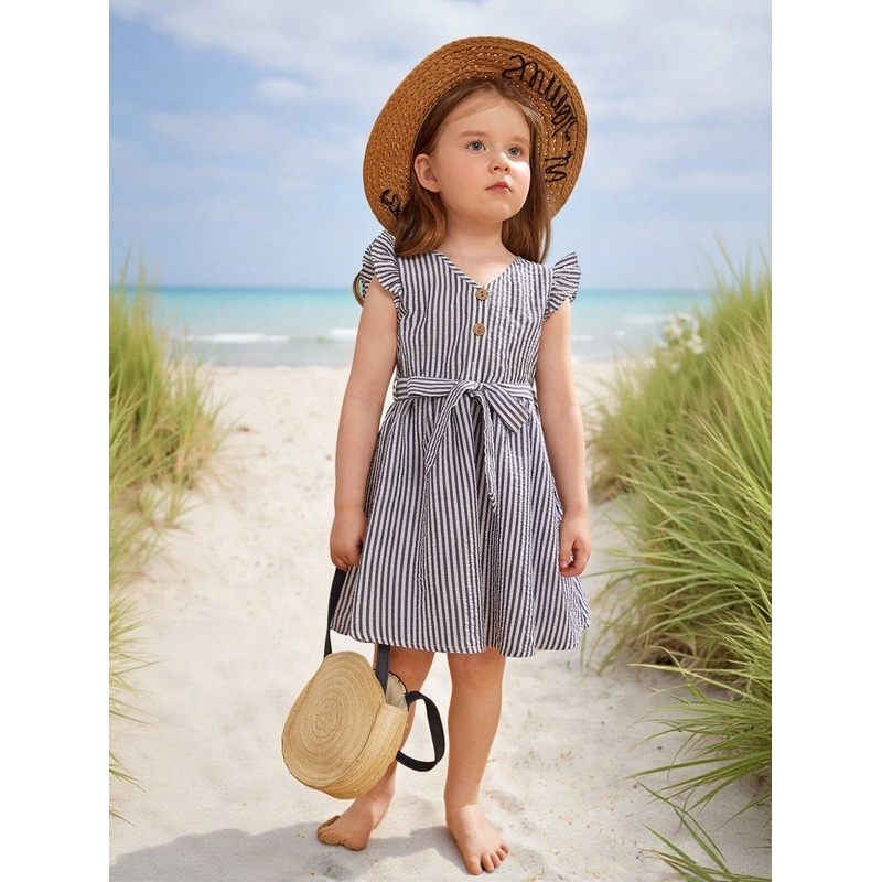Young Girl Striped Butterfly Sleeve  Dress Without Belt