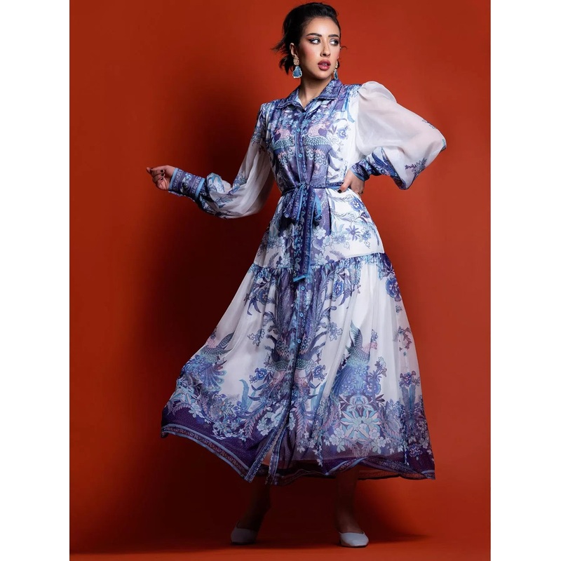 Collared Buttoned Front Self Peacock and Floral Dress Without Belt