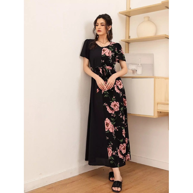 Color-block Floral Print Dress Without Belt