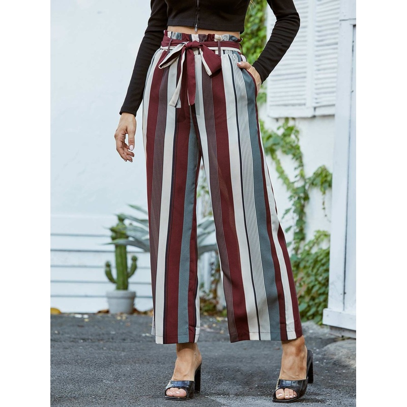 Striped Print Paper Bag Waist Pants Without Belt