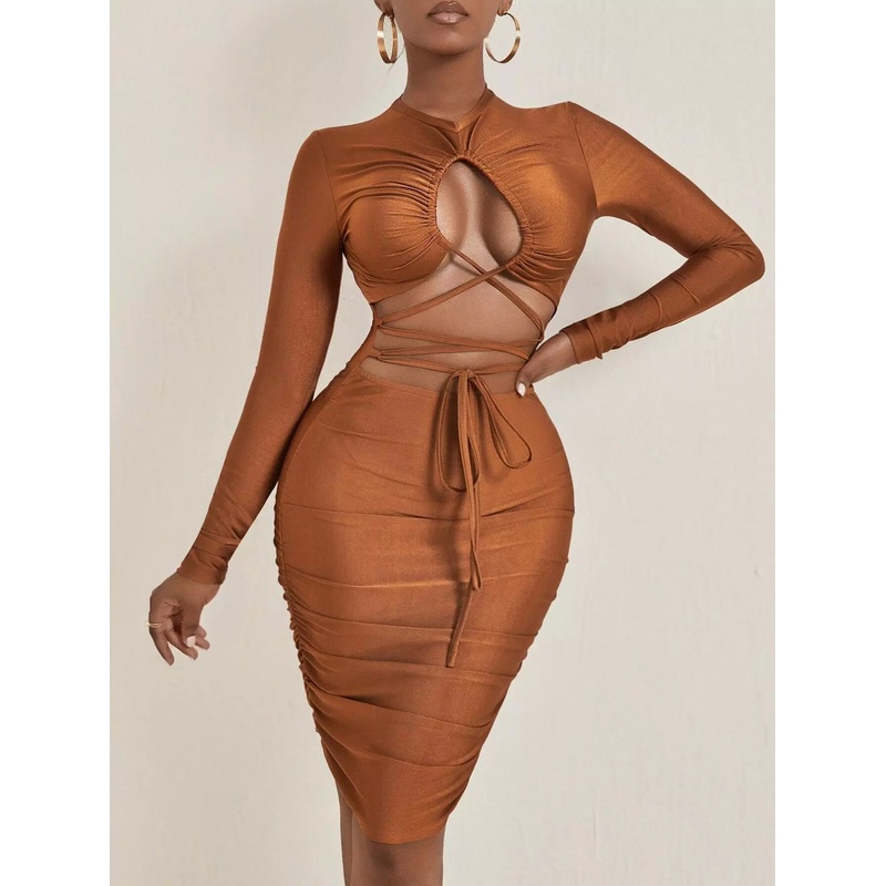 Cut Out Lace Up Front Ruched Bodycon Dress