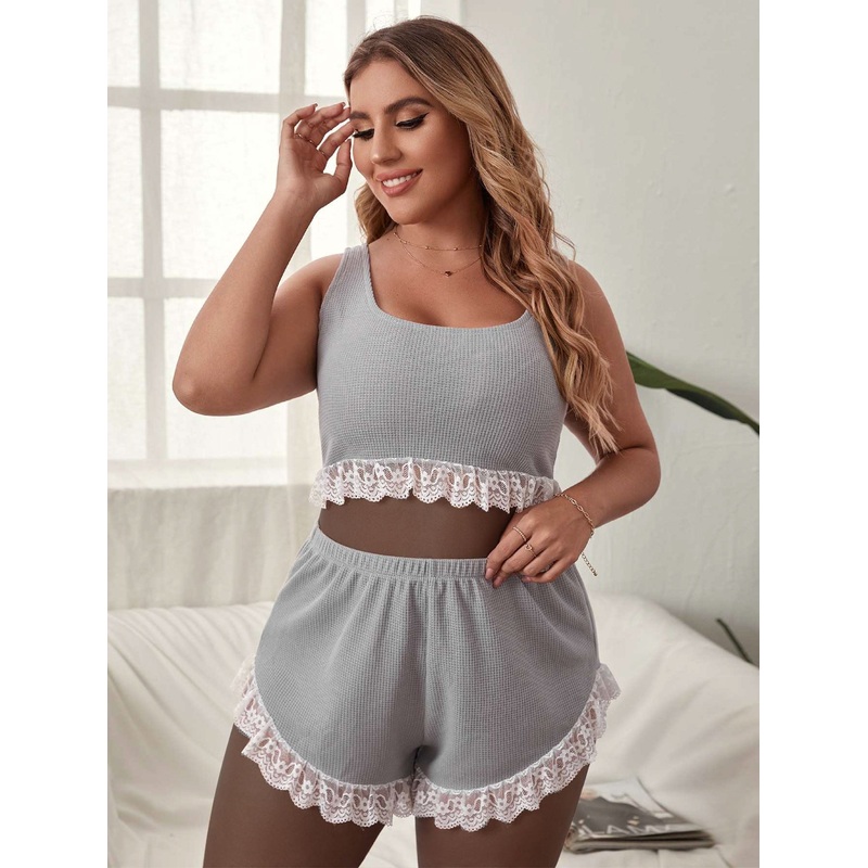 Plus Waffle Knit Contrast Lace Pajama Set