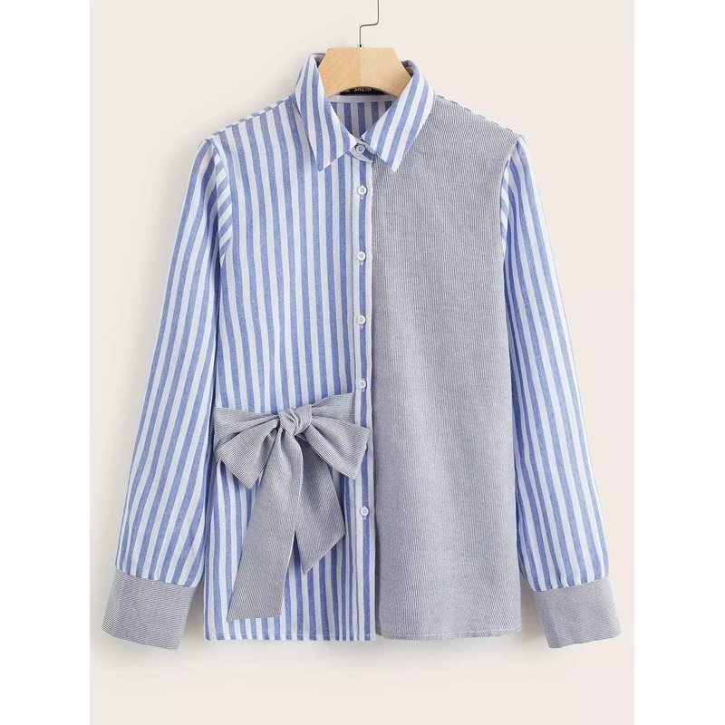 Striped Bow Applique Buttoned Shirt