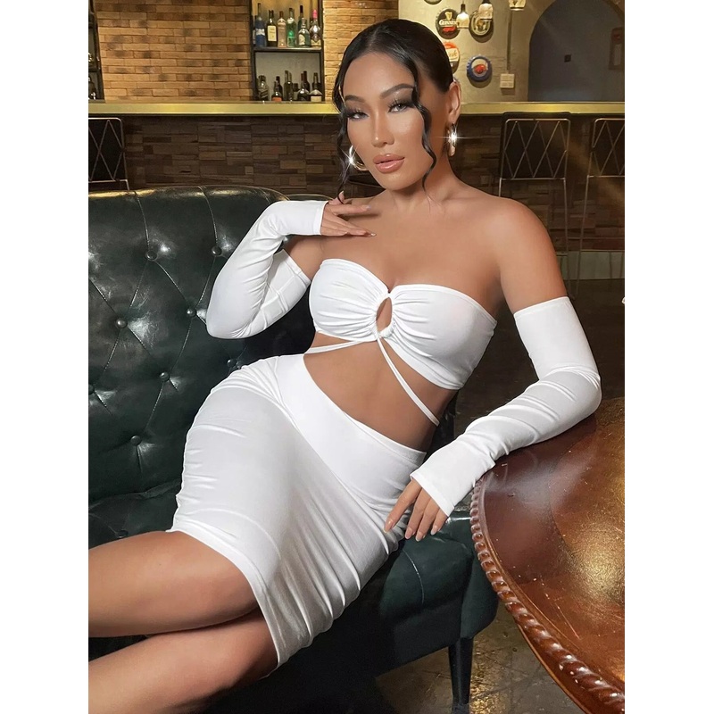 Off Shoulder Tie Back Crop Top & Bodycon Skirt