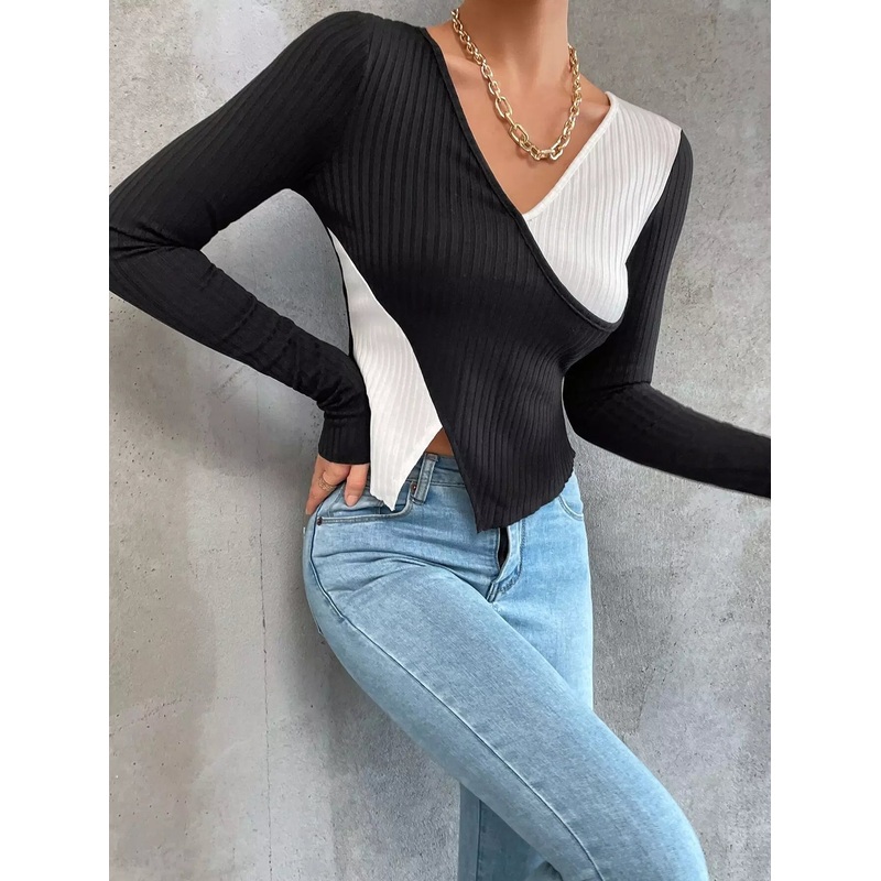 Split Hem Colorblock Rib-knit Tee