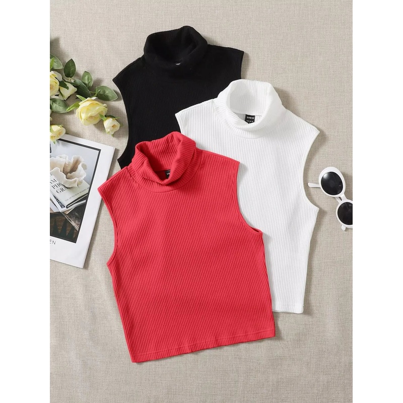 3pcs Solid Turtleneck Ribbed Knit Tank Top