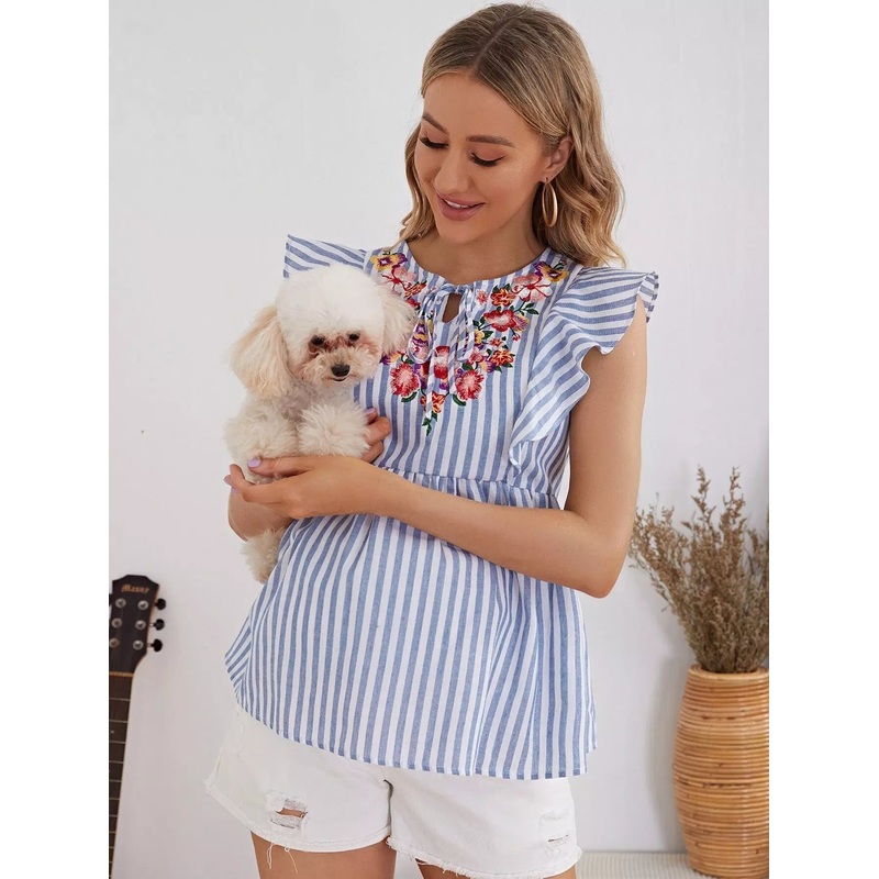 Maternity Embroidery Floral Ruffle Armhole Two Tone Striped Peplum Top