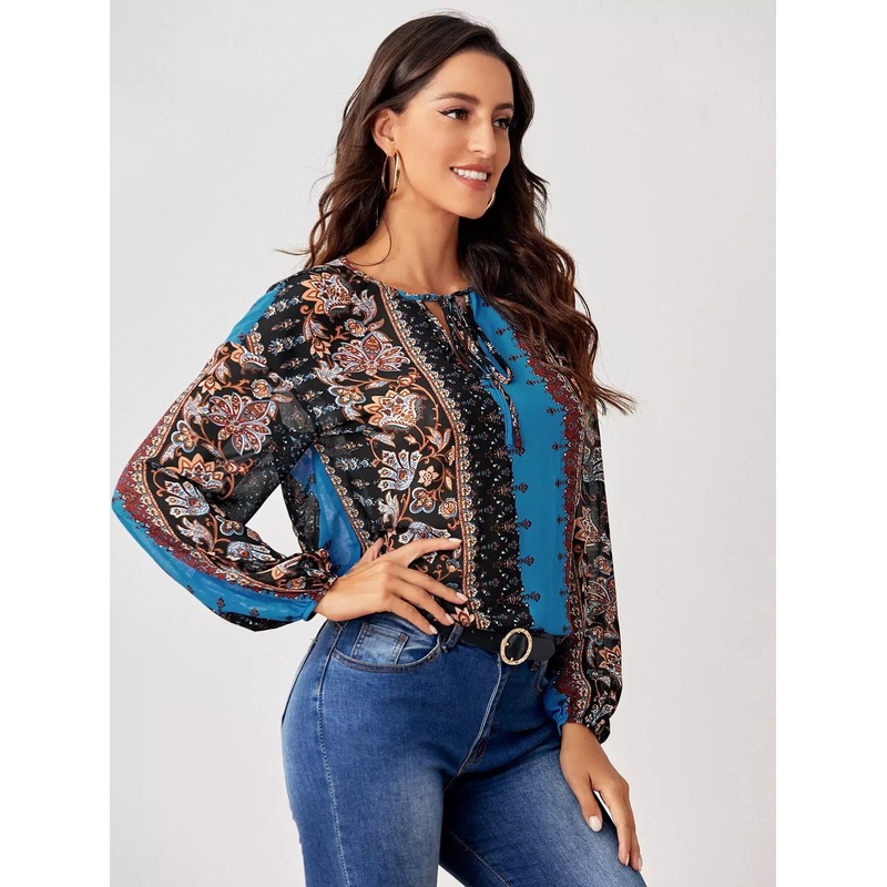 Tie Neck Drop Shoulder Top|L