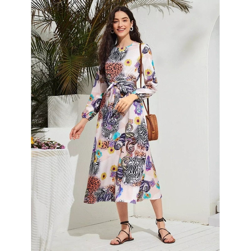 Zebra & Leopard & Floral Print A-line Dress