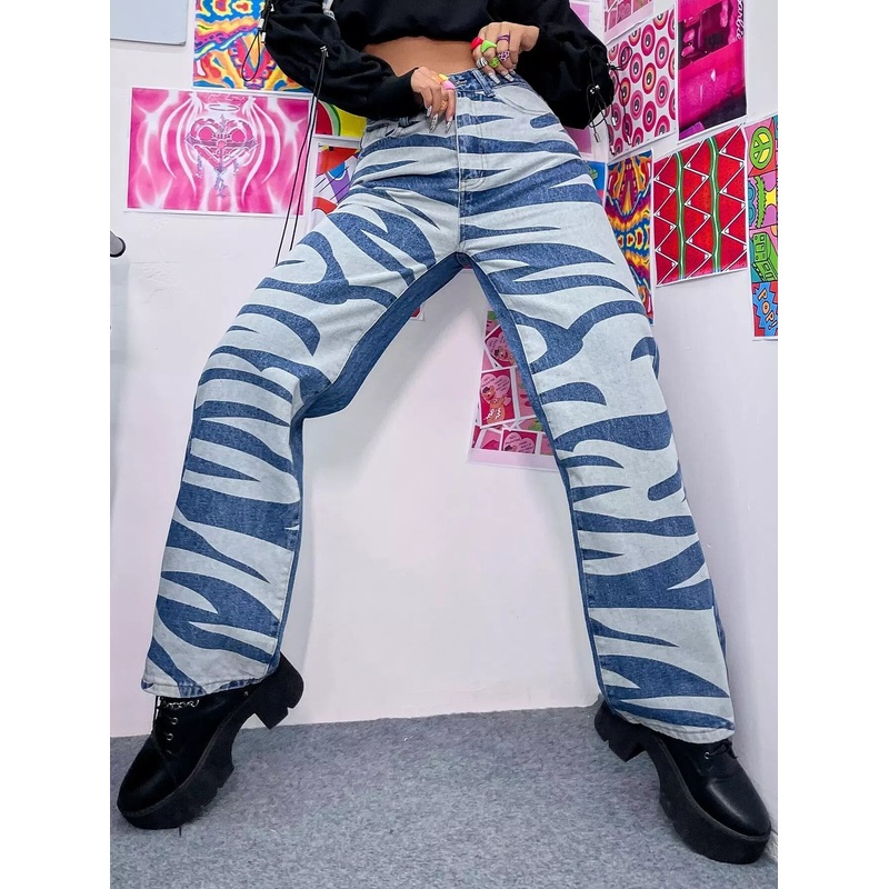 Zebra Stripe High Waist Straight Leg Jeans