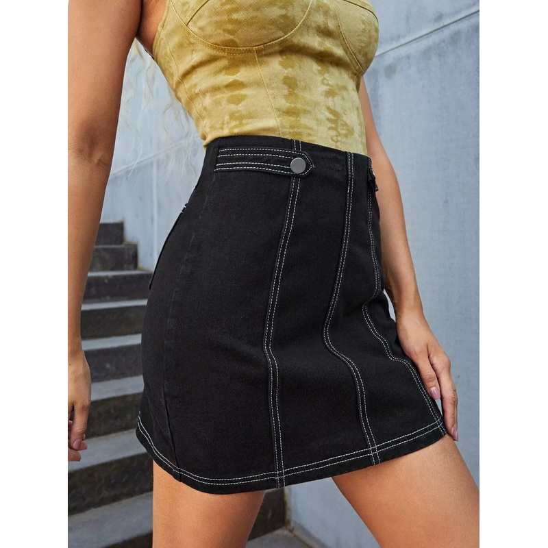 Zip Back Button Strap Denim Skirt