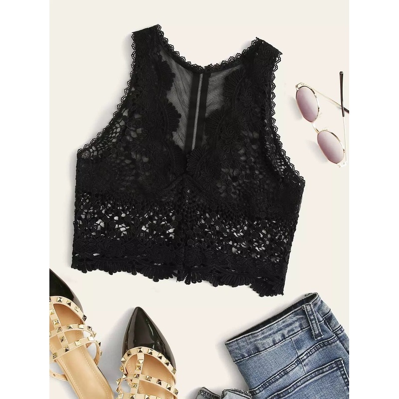 Zip Back Mesh Panel Guipure Lace Tank Top