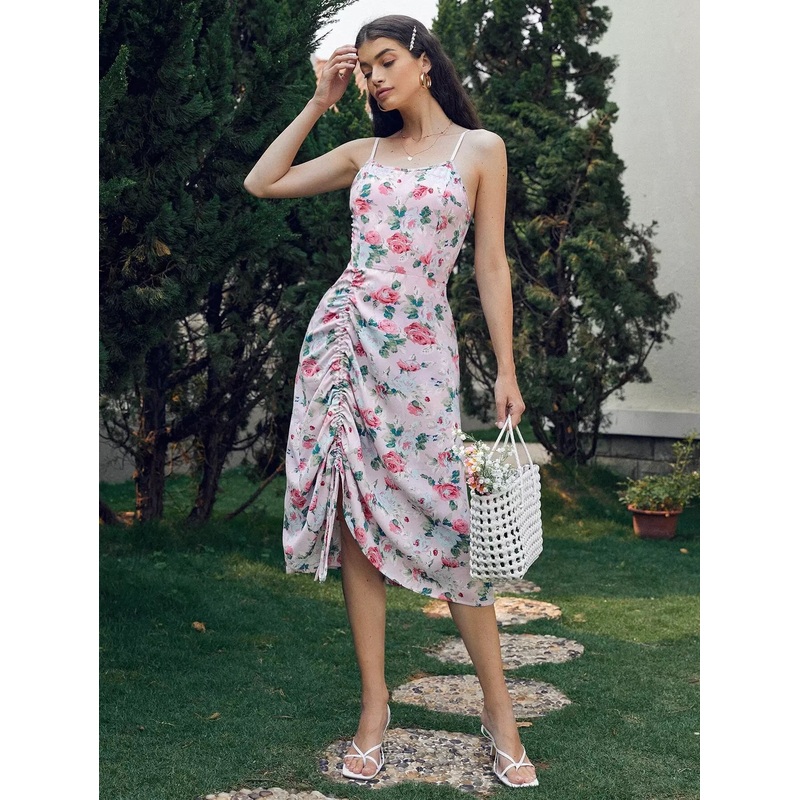 Zip Back Ruched Drawstring Knot Floral Cami Dress