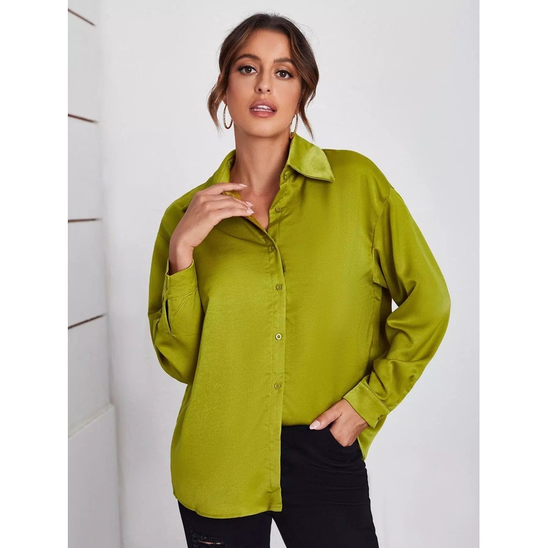 Drop Shoulder Satin Shirt|L