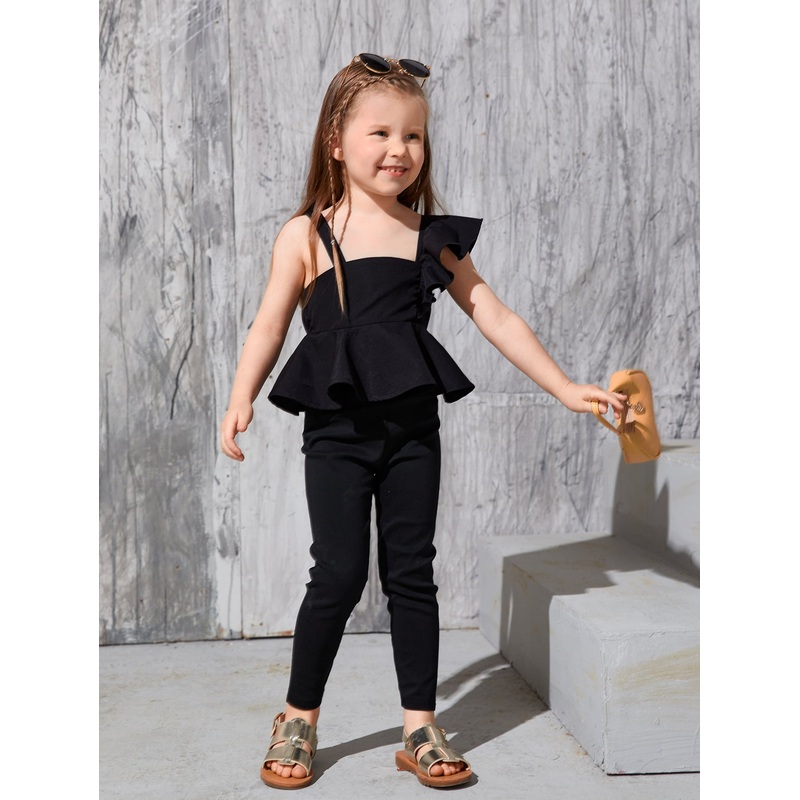 Young Girl Ruffle Trim Asymmetrical Neck Peplum Top & Pants