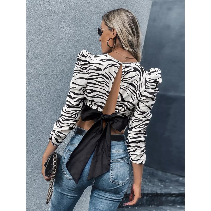 Zebra Stripe Tie Back Gigot Sleeve Blouse