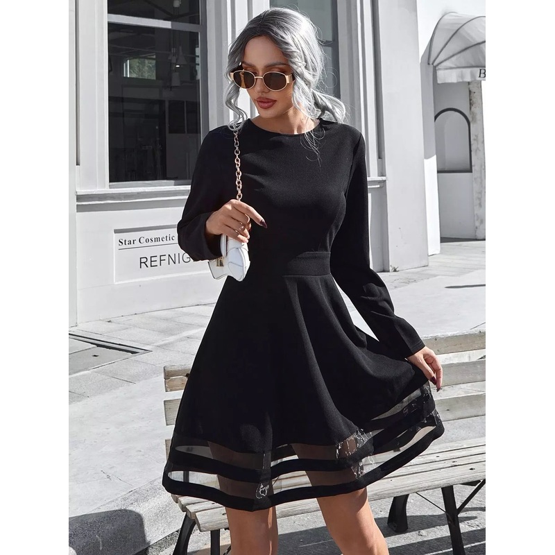 Zip Back Contrast Mesh Dress|XS