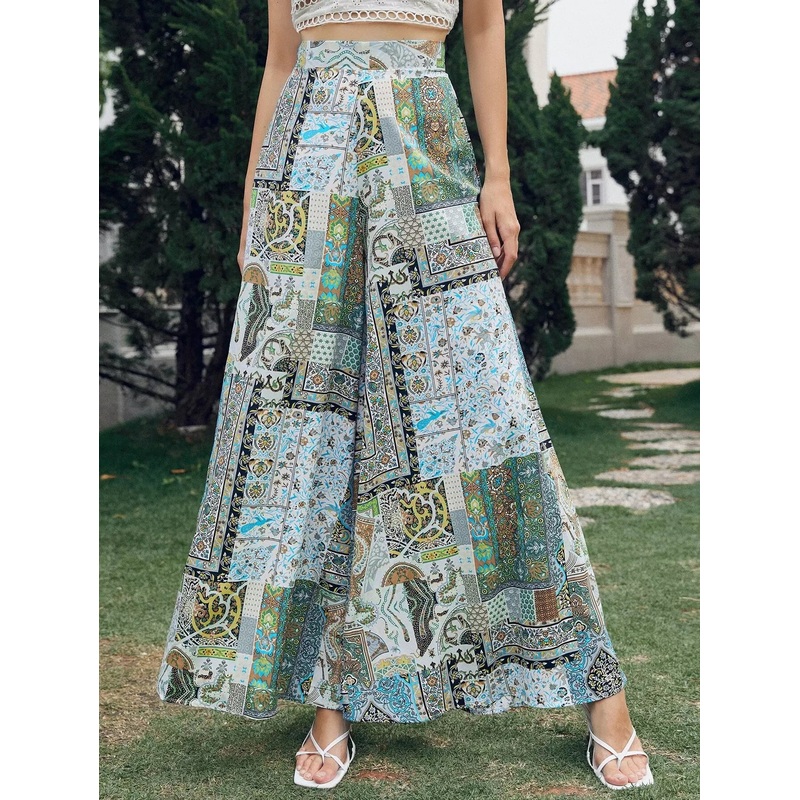 Zip Back Patchwork Print Wide Leg Pants