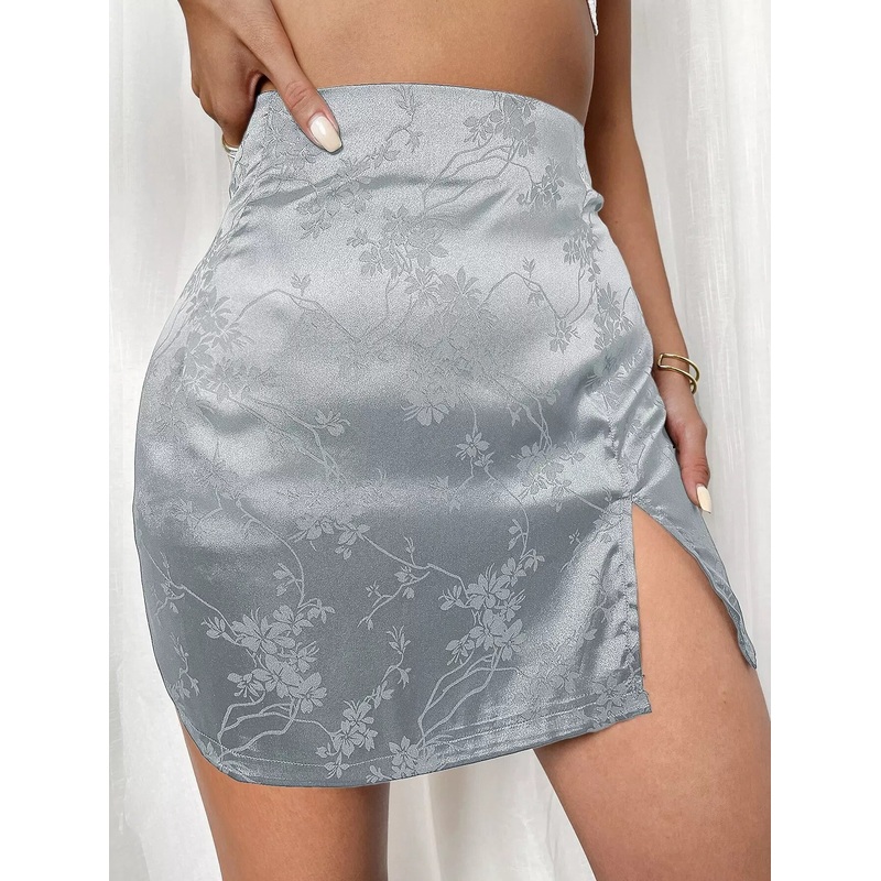 Zip Back Split Hem Jacquard Satin Skirt