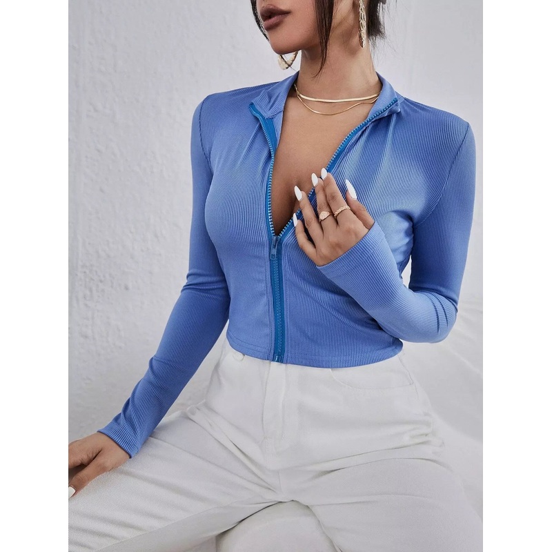 Zip Front Crop Slim Top|S