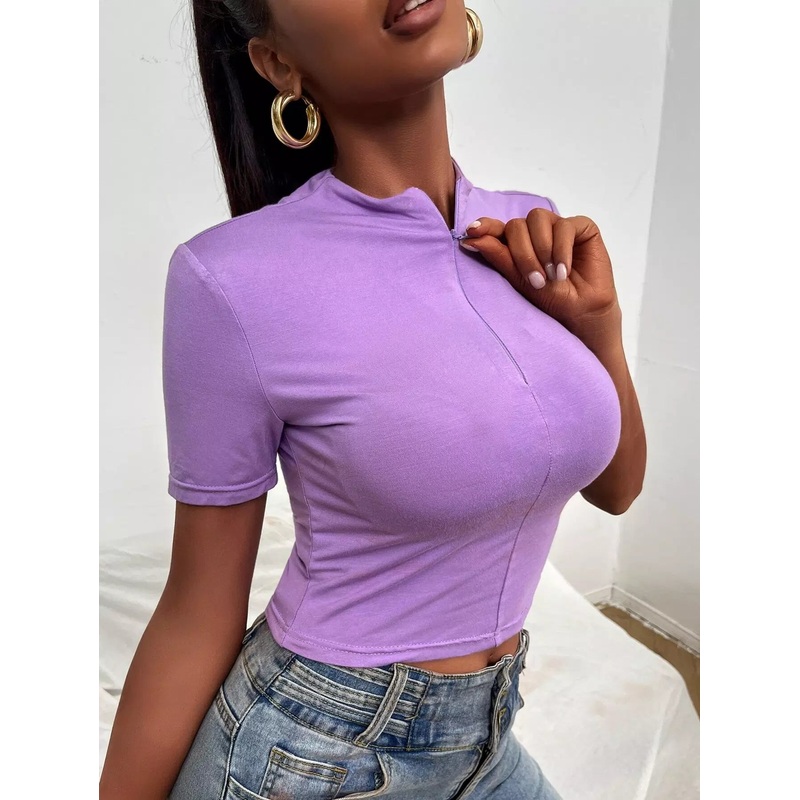 Zip Half Mock Neck Solid Tee|L