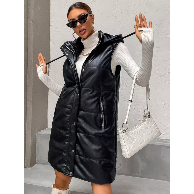 Zip Pocket Drawstring Hooded PU Leather Puffer Coat