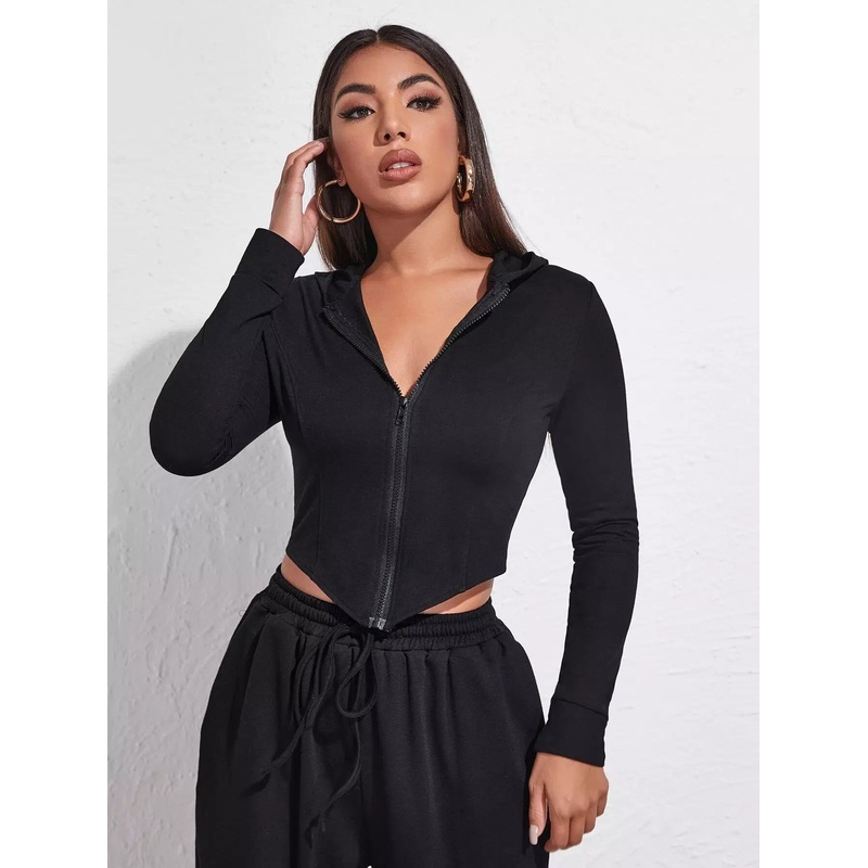 Zip Up Asymmetrical Hem Crop Hoodie