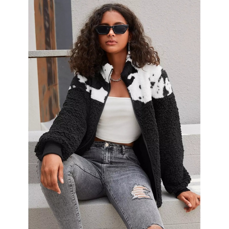 Zip Up Colorblock Teddy Jacket