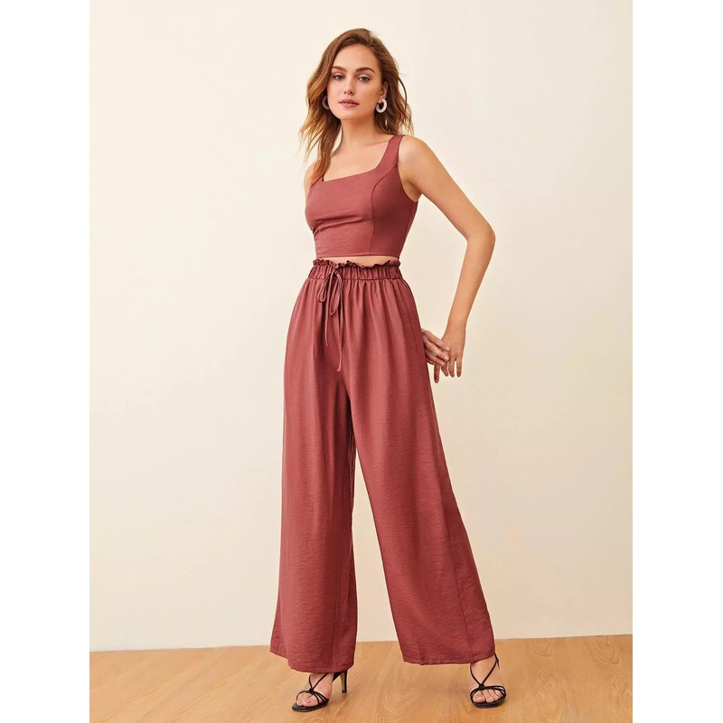 Zip-Up Crop Top & Paperbag Wide-Leg Pants Set