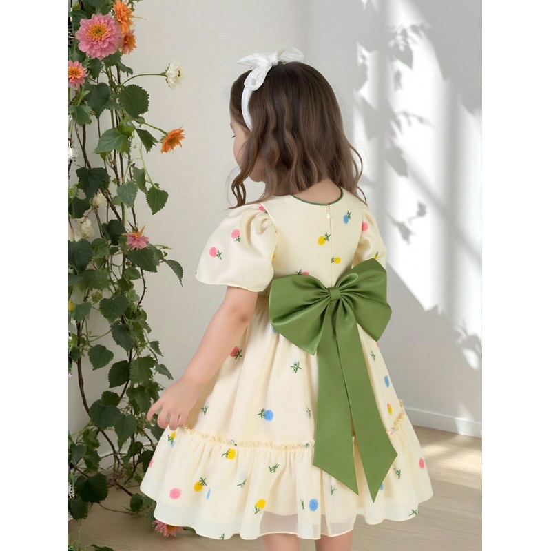 Young Girls (Small) Butterfly Design Puff Sleeve A-Line Midi Elegant Princess Dress