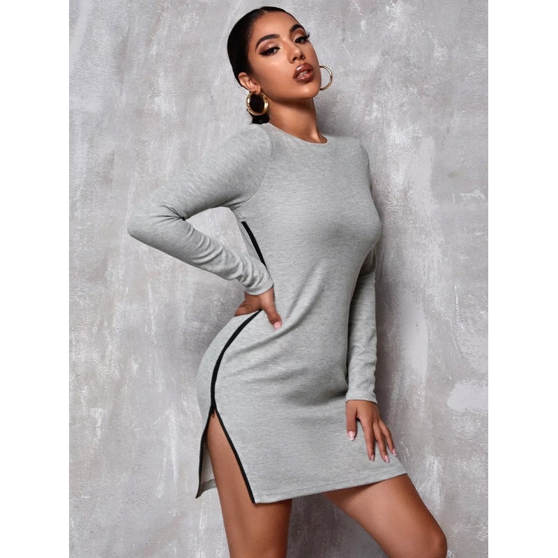 Zip Side Solid Fitted Dress|S