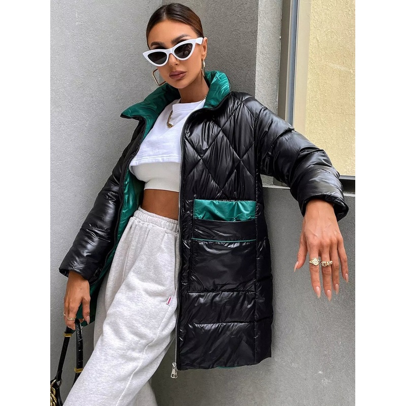 Zip Up Contrast Panel Puffer Coat