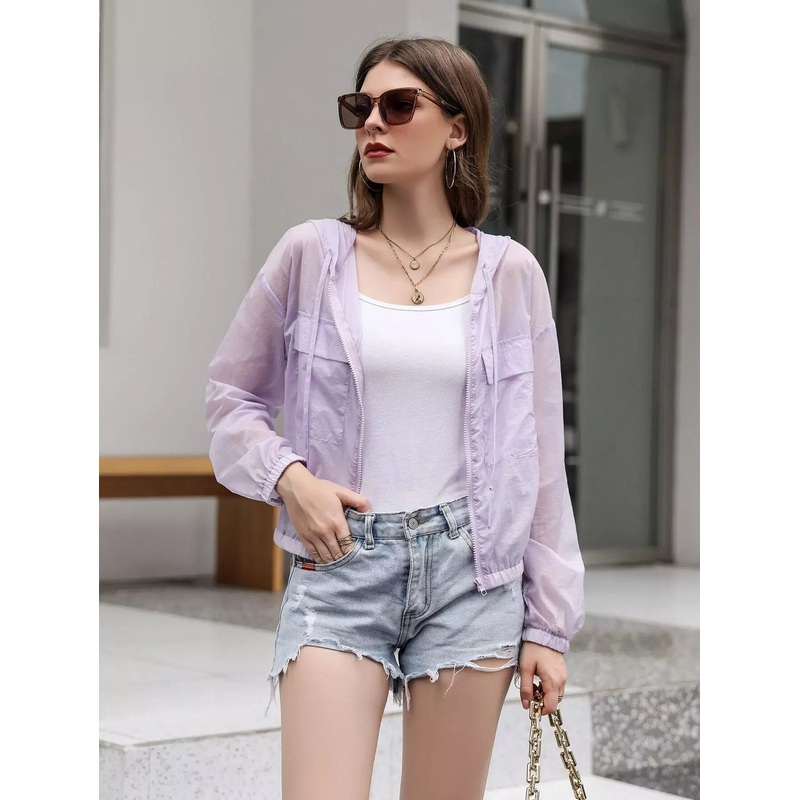 Zip Up Drawstring Hooded Windbreaker Jacket