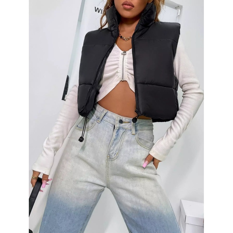 Zip Up Drawstring Puffer Vest Coat