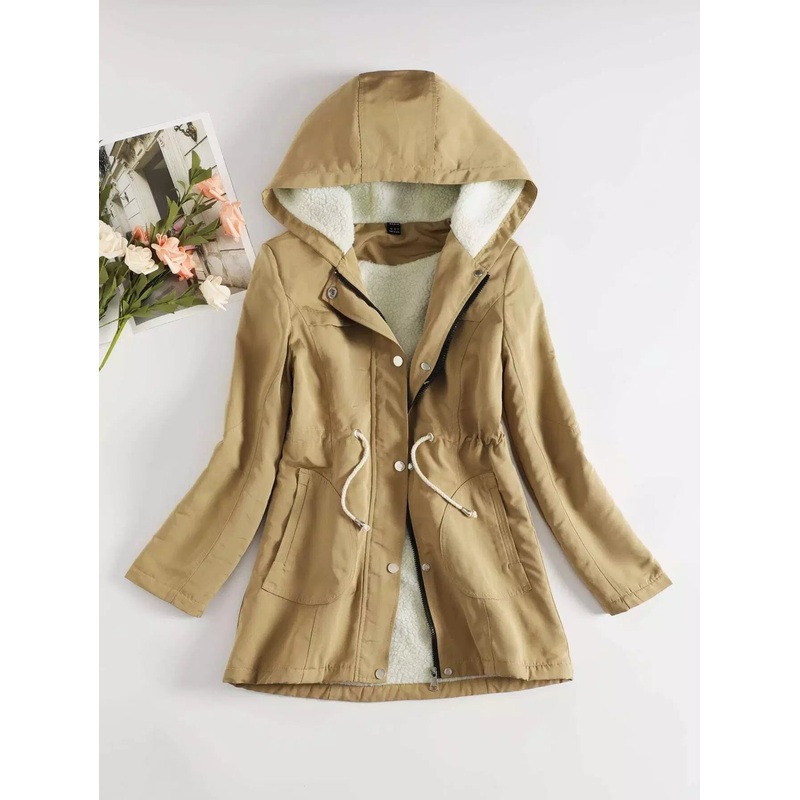 Zip Up Drawstring Teddy Lined Hooded Coat