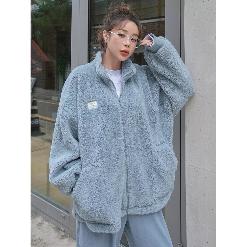 Zip Up Drop Shoulder Patch Detail Teddy Coat