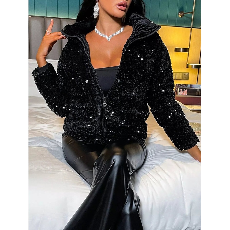 Zip Up Sequin Puffer Coat|S