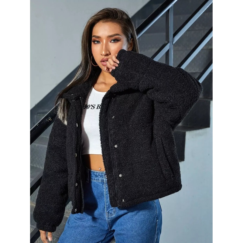 Zip Up Snap Button Drop Shoulder Flannel Jacket