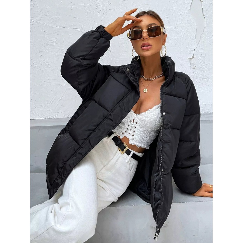 Zip Up Snap Button Raglan Sleeve Puffer Coat