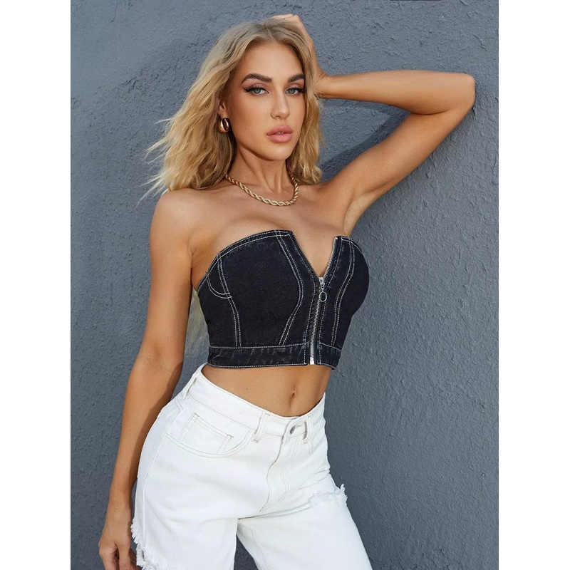 Zip Up Tube Denim Top|M
